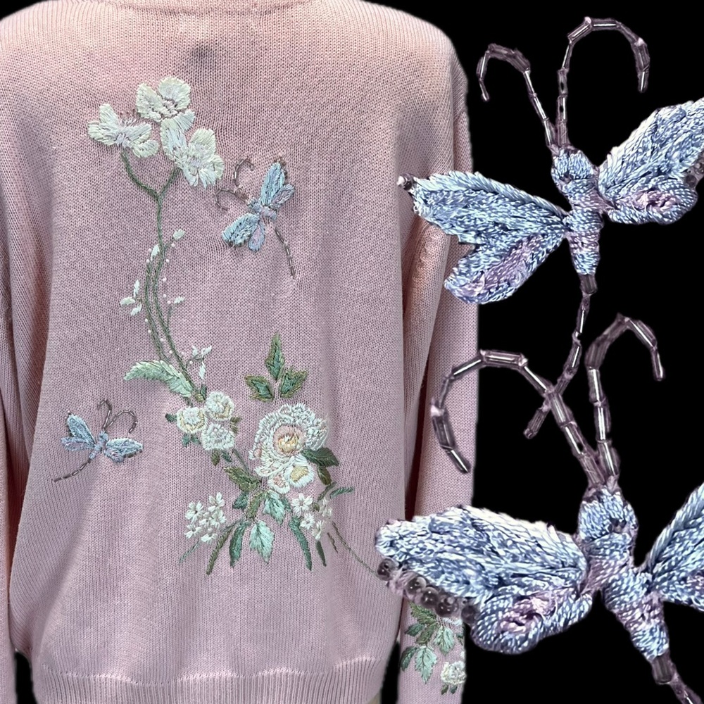 VINTAGE dragonfly botanical flower garden knit sweater cardigan button front y2k